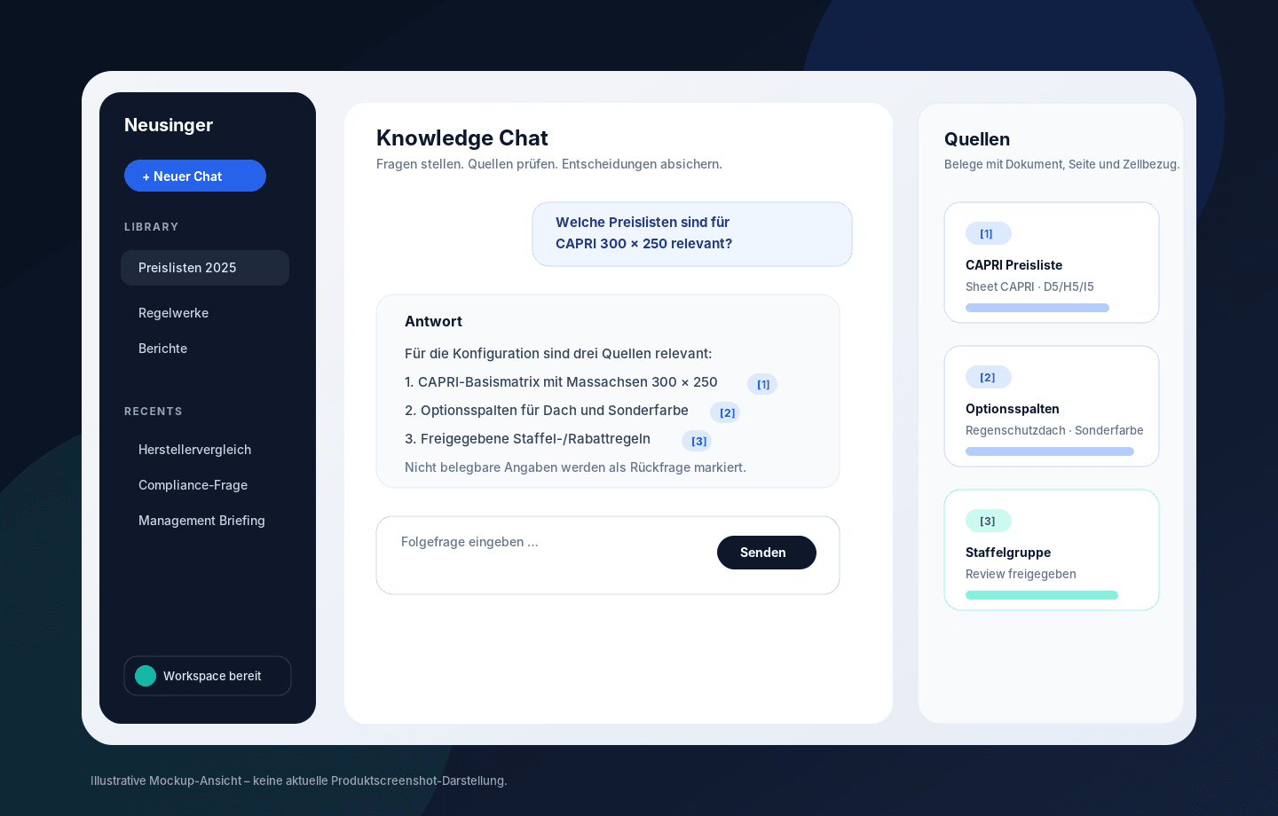 Illustrative Produktansicht eines Business Document Intelligence Workspace mit Quellenpanel